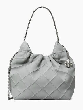 NWT Tory Burch
Fleming Mini Leather Hobo Bag in Pale Gray with Silver Hardware